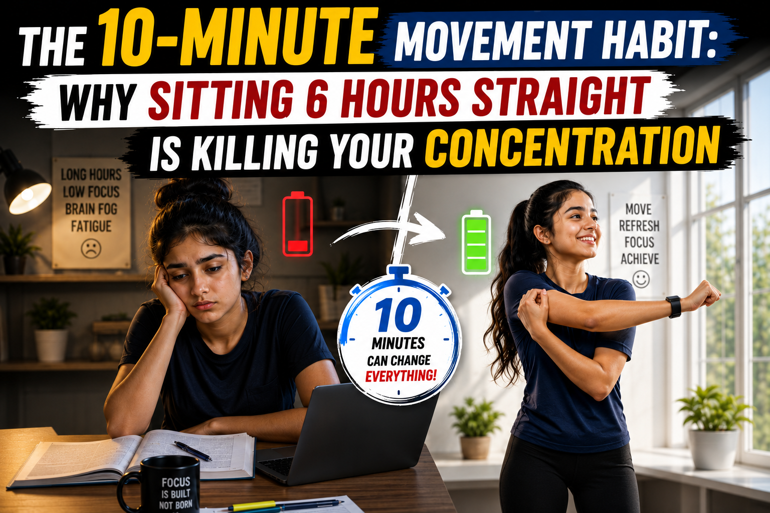 The 10-Minute Movement Habit: Why Sitting 6 Hours Straight Is Killing Your Concentration